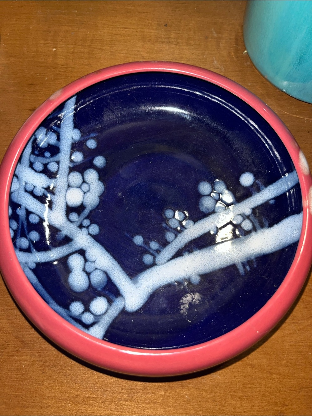 Asian Mid Century Brush Washer 7” Two-Tone Round Bowl With Blue Blossom